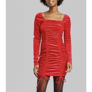 Women Red Long Sleeve Ruched Bodycon Mini Dress - Wild Fable Size M New